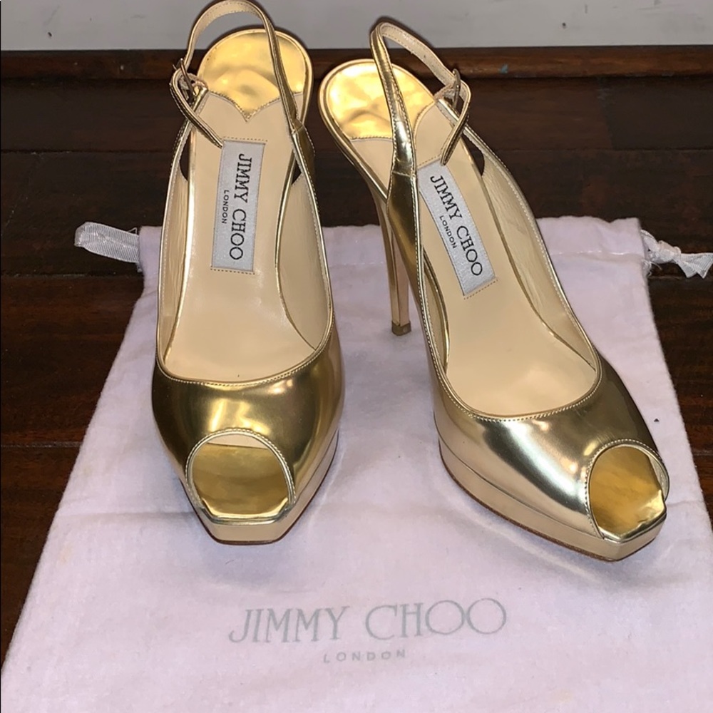 Jimmy Choo gold leather shoes heels size 37.5